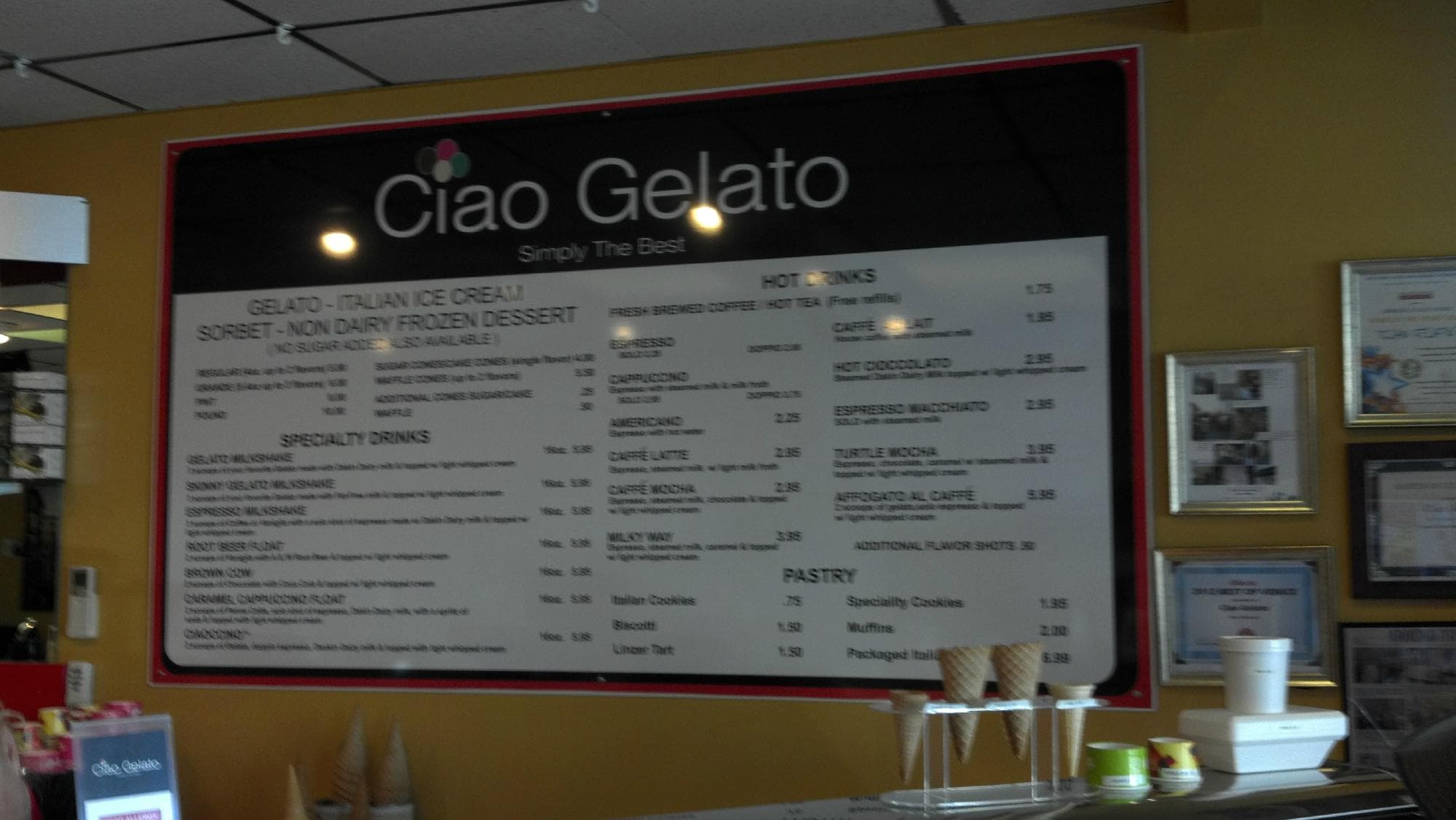 The gelato, sorbet, and espresso menu at Ciao Gelato